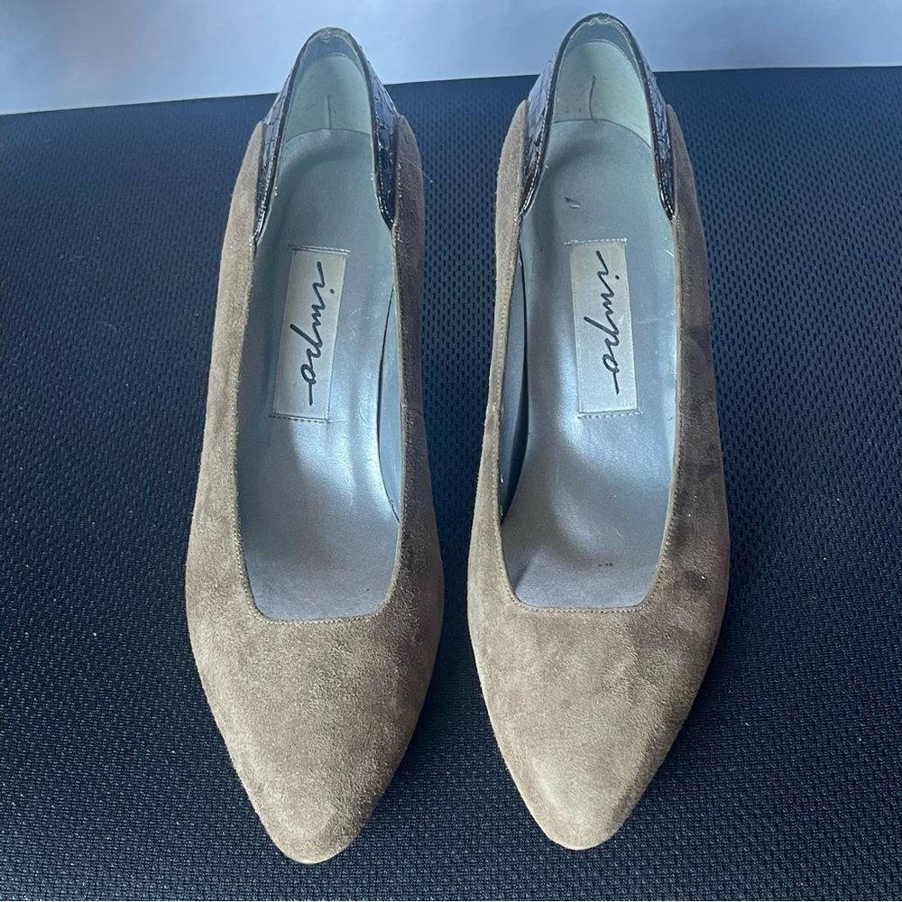 VTG Impo Loden Brown Suede & Faux Crocodile Pump Sz 7.5B US - Picture 6 of 17
